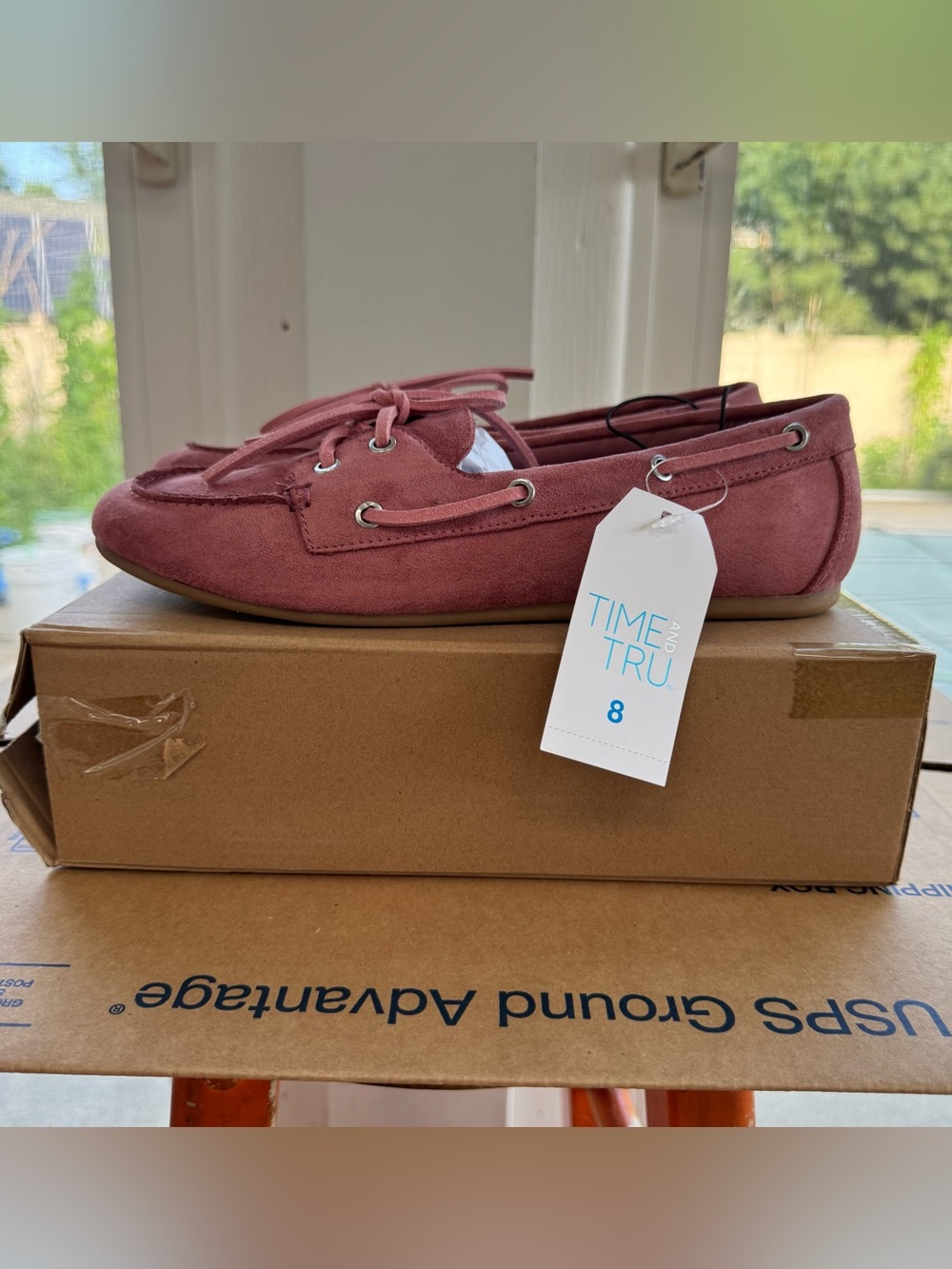 Time and Tru Womens Pink Faux Suede Boat Shoes Memory Foam Moc Toe Loafers 8 New - Picture 4 of 15